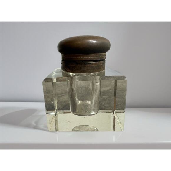 Antique Vintage Crystal Glass Block Ink Well Brass Lid Art Deco Cube Grandpacore - Picture 1 of 13